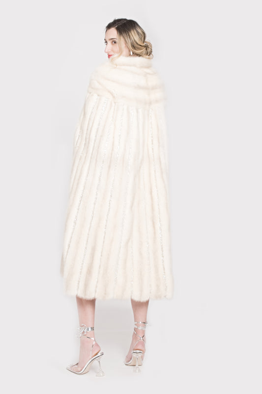THE MAKTUB - MINK CAPE WITH HEAVY SPARKLE STRIPES AND FLORAL EMBROIDERY