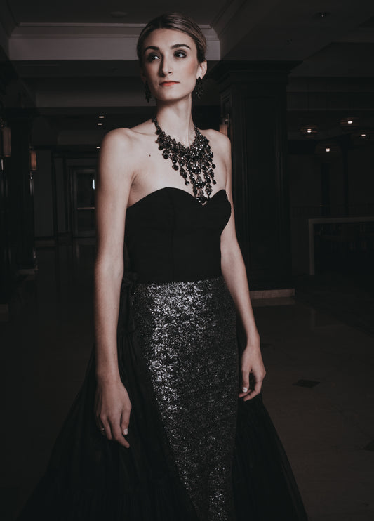 THE COURAGEOUS LADY - FITTED SEQUIN GOWN WITH ORGANDY OVERSKIRT