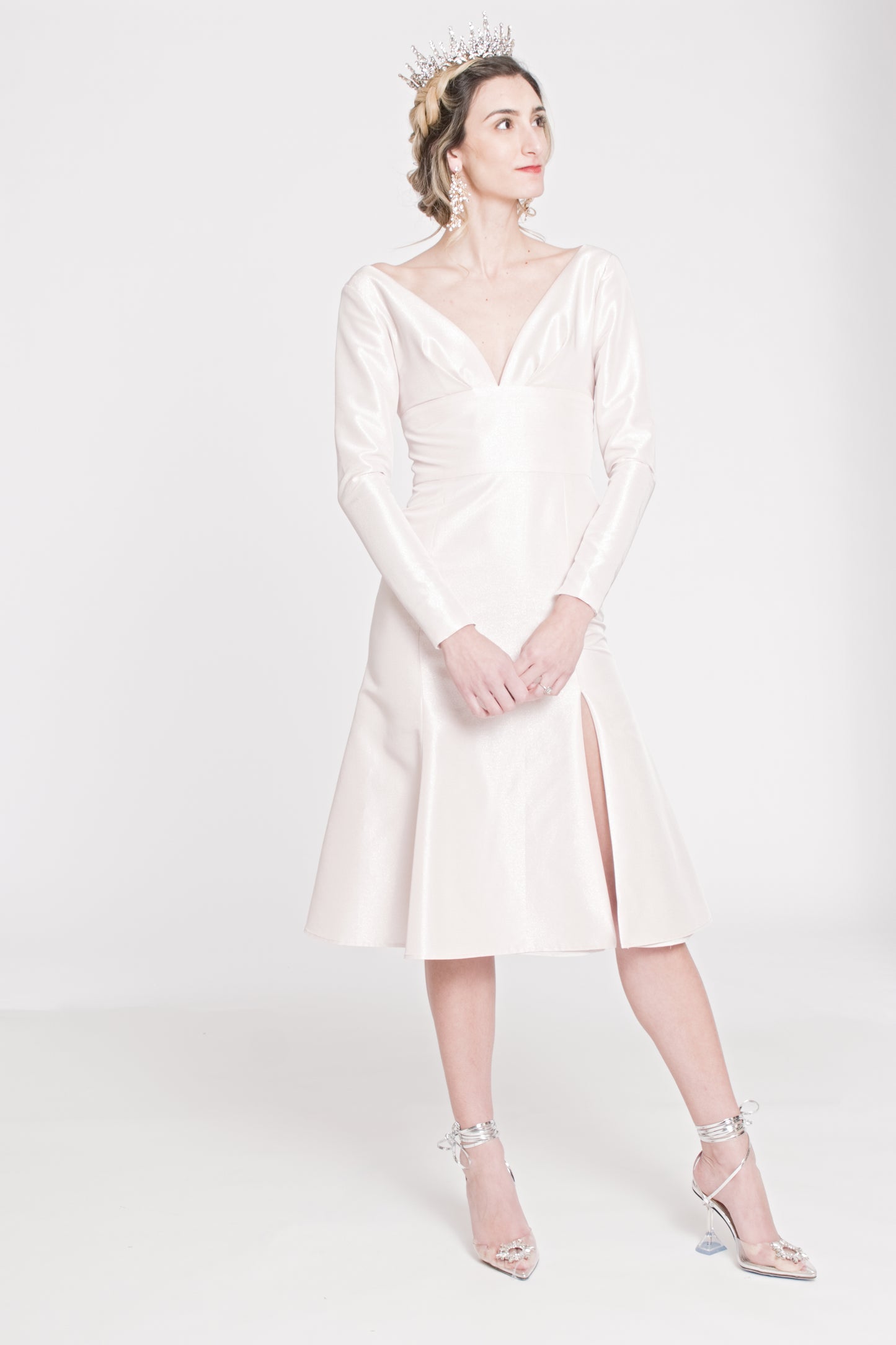 THE ESOTERIC - BLUSH COCKTAIL DRESS WITH SLEEVES AND SLIT DETAIL