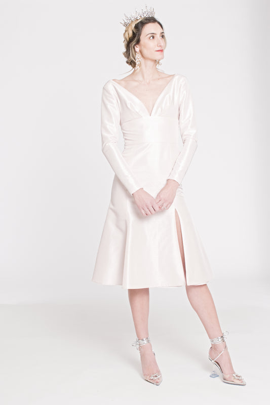 THE ESOTERIC - BLUSH COCKTAIL DRESS WITH SLEEVES AND SLIT DETAIL