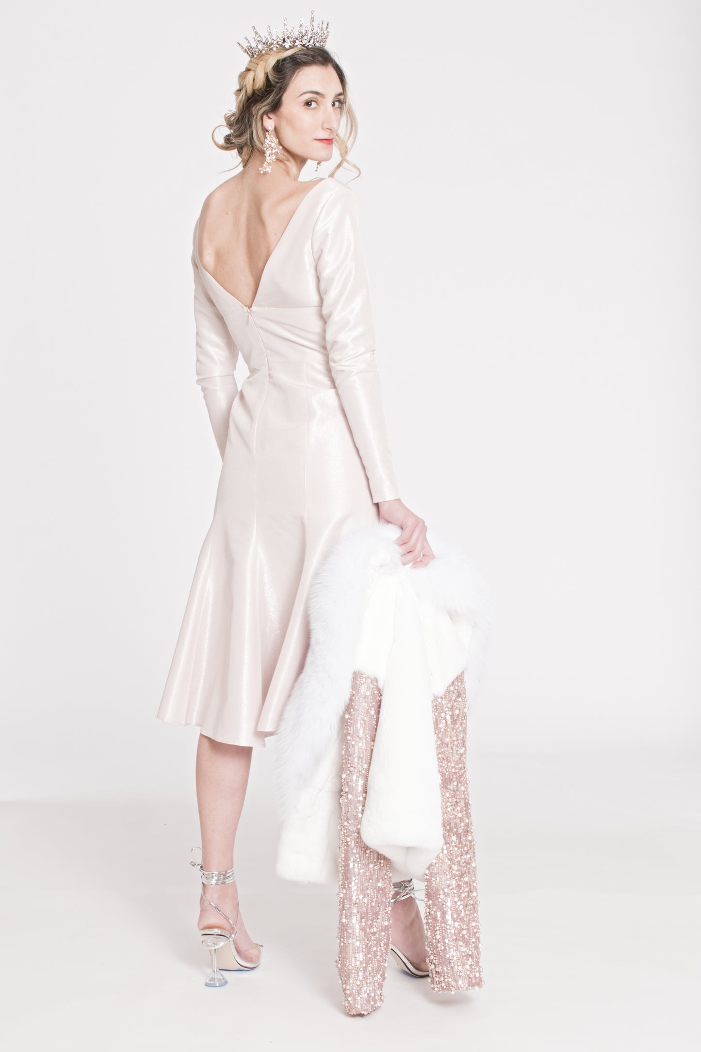 THE ESOTERIC - BLUSH COCKTAIL DRESS WITH SLEEVES AND SLIT DETAIL