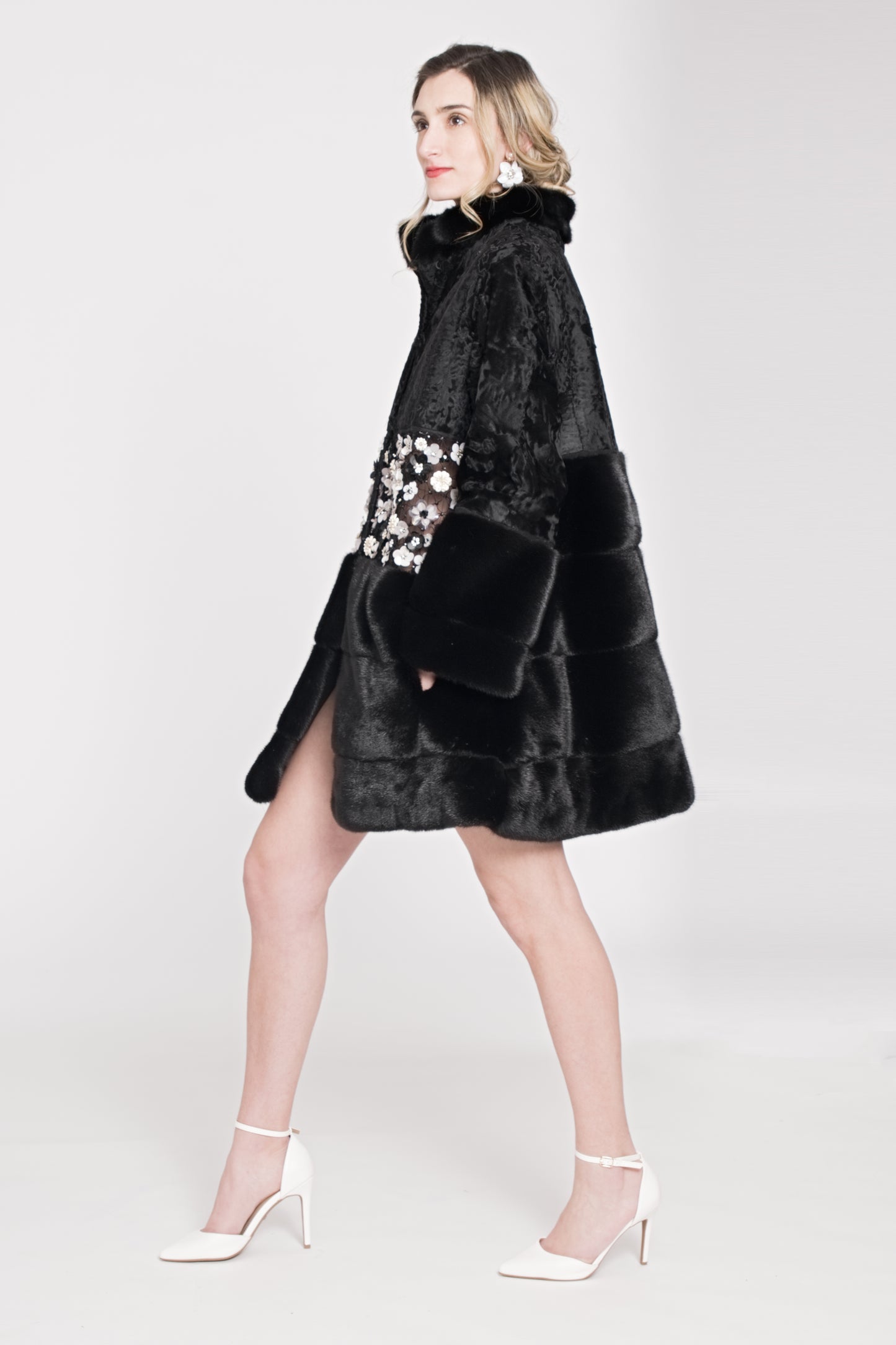 THE PRAGMA - EVENING BROADTAIL/MINK COAT WITH SHEER 3D EMBROIDERED MIDRIFF