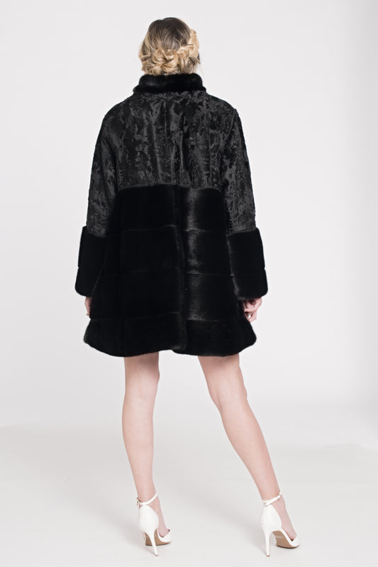 THE PRAGMA - EVENING BROADTAIL/MINK COAT WITH SHEER 3D EMBROIDERED MIDRIFF