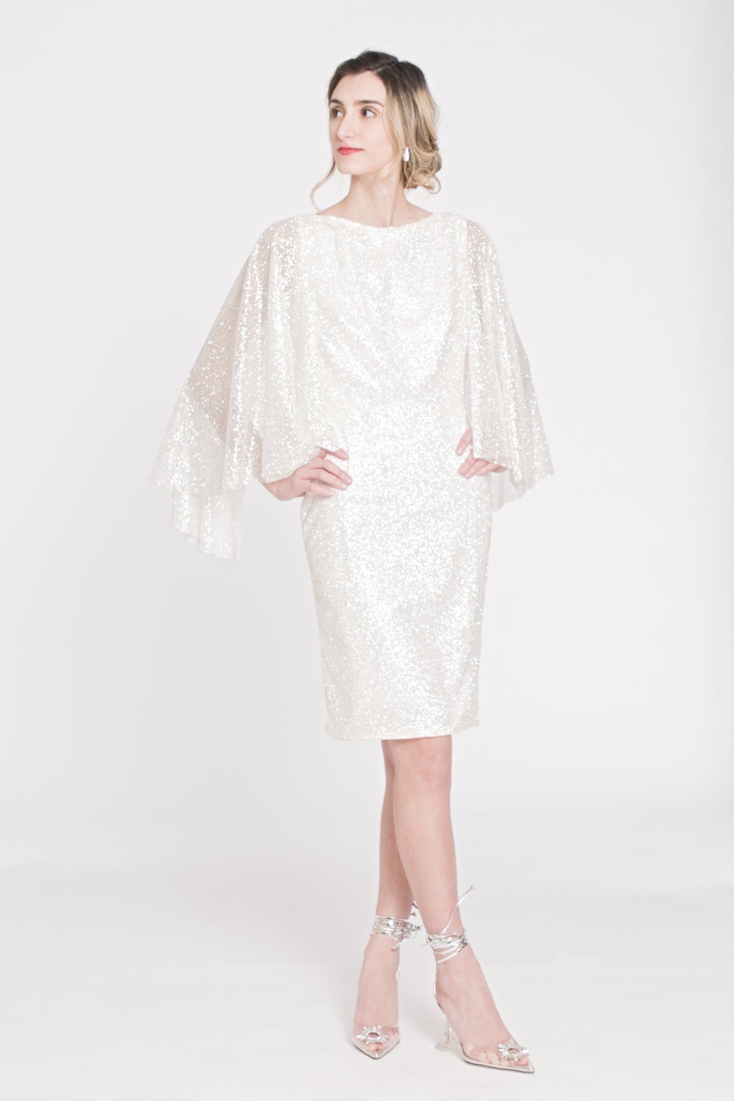 THE ASTRAL - HEAVY SPARKLE COCKTAIL DRESS WIT CAPE SLEEVES AND OPEN BACK DETAIL