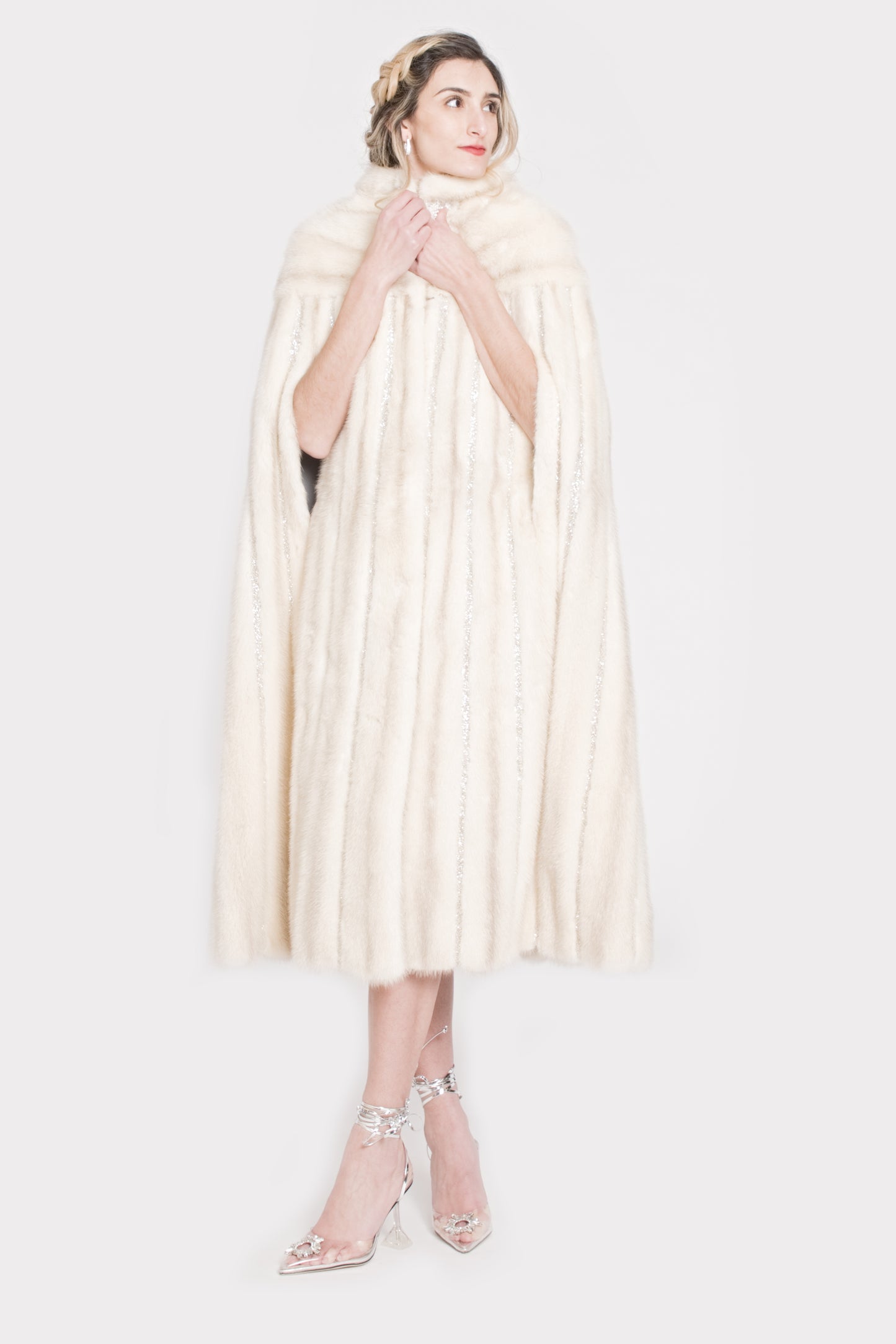 THE MAKTUB - MINK CAPE WITH HEAVY SPARKLE STRIPES AND FLORAL EMBROIDERY