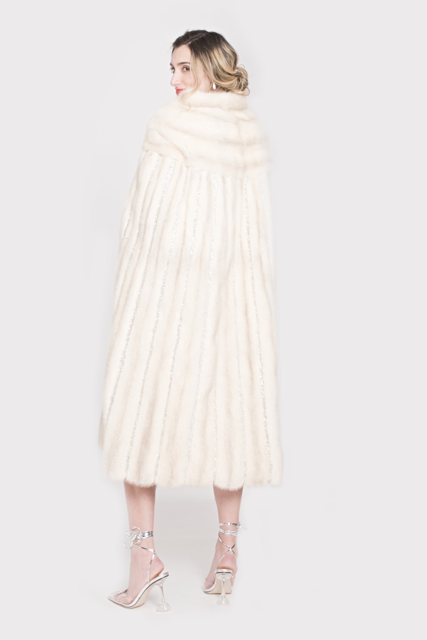 THE MAKTUB - MINK CAPE WITH HEAVY SPARKLE STRIPES AND FLORAL EMBROIDERY