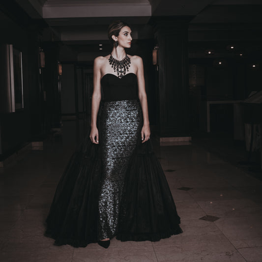 THE COURAGEOUS LADY - FITTED SEQUIN GOWN WITH ORGANDY OVERSKIRT