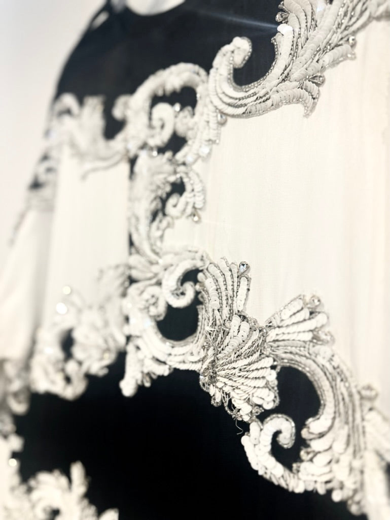 BLACK AND WHITE EVENING TOP AND PANT SET