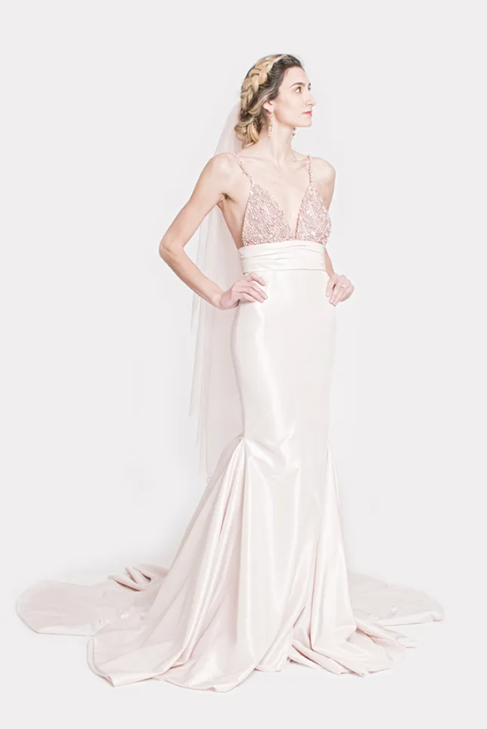 THE PHILAUTIA - PINK FITTED GOWN WITH BEADED TOP