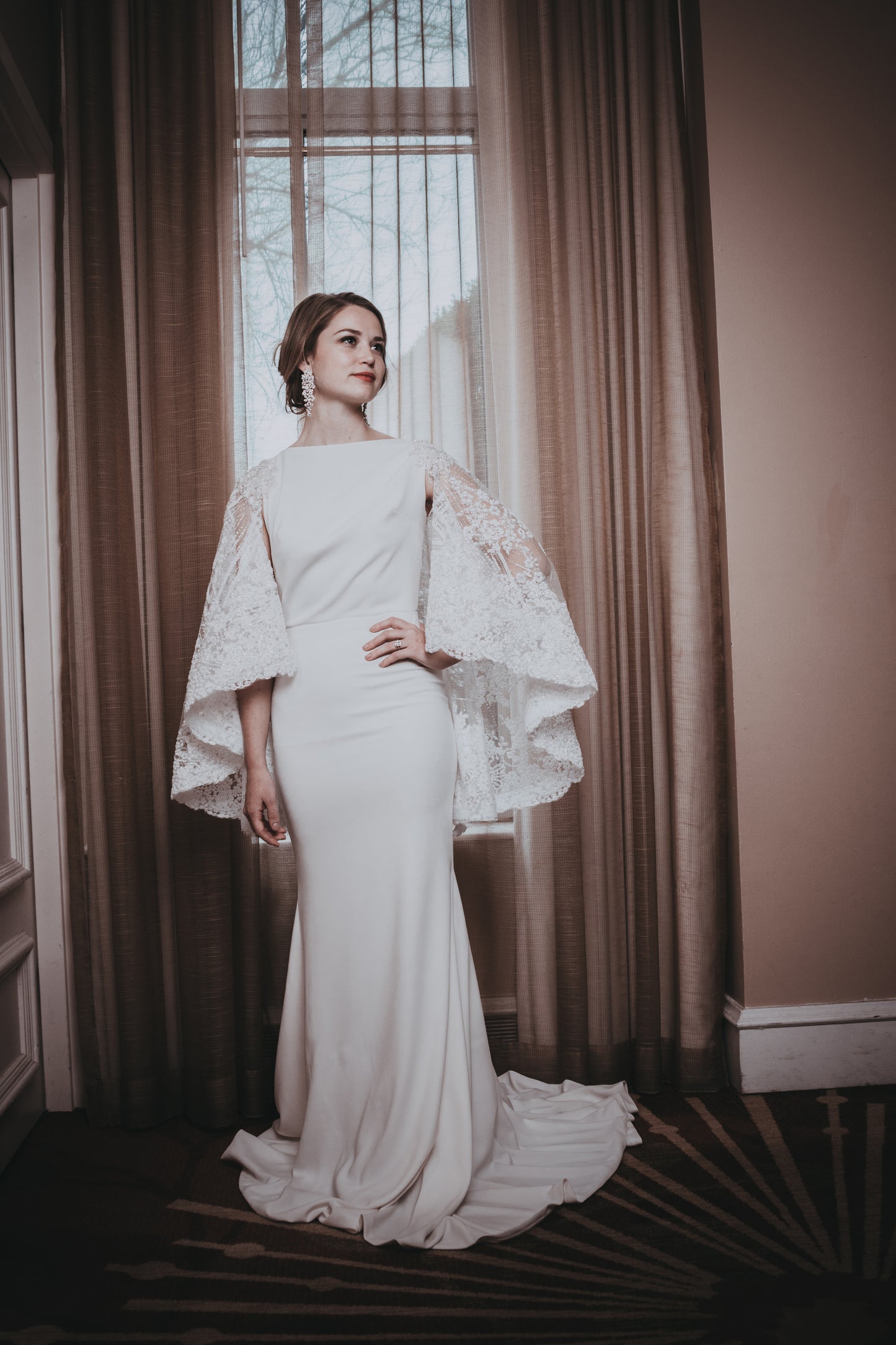 THE CAPTIVATING LADY - FITTED CREPE GOWN WITH CRACKED ICE LACE CAPE SLEEVES