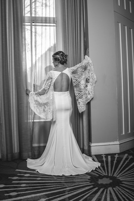THE CAPTIVATING LADY - FITTED CREPE GOWN WITH CRACKED ICE LACE CAPE SLEEVES